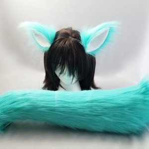 Aqua Faux Fur Wolf Ears and Tail Set: Cosplay Costume Accessory