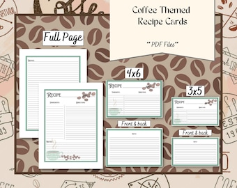 Coffee Themed Blank Recipe Card Bundle | 3 Sizes | Full Page, 4x6, 3x5 | PDF only