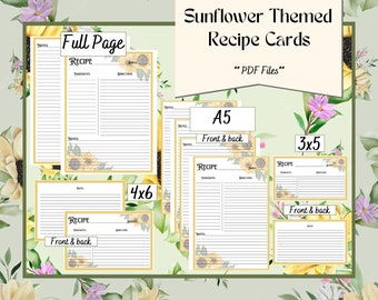Sunflower Themed Blank Recipe Card Bundle | 4 Sizes | Full Page, 4x6, 3x5 | PDF only *Now A5 size available*
