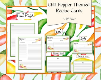 Chili Pepper Themed Blank Recipe Card Bundle | 3 Sizes | Full Page, 4x6, 3x5 | PDF only