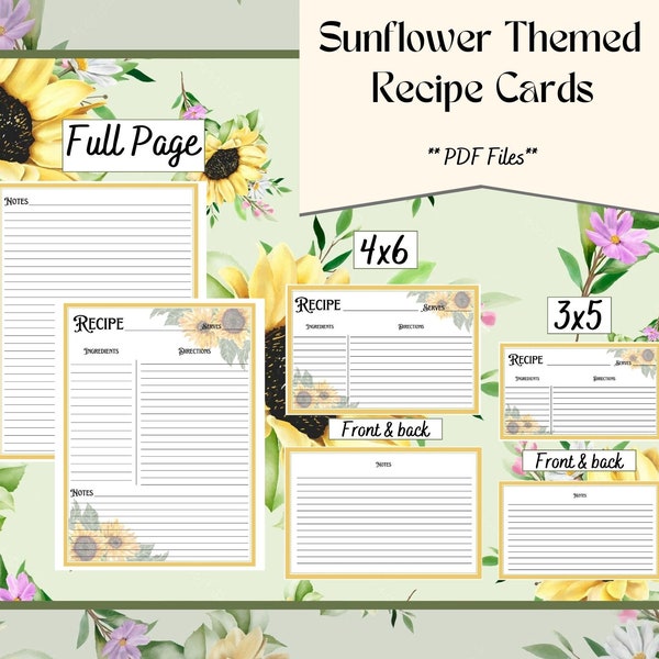 Sunflower Themed Blank Recipe Card Bundle | 3 Sizes | Full Page, 4x6, 3x5 | PDF only *Now A5 size available*