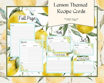 Lemon Themed Blank Recipe Card Bundle | 3 Sizes | Full Page, 4x6, 3x5 | PDF only