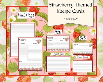 May include: Printable strawberry themed recipe cards in PDF format. The image shows three different sizes of cards: full page, 4x6 inches, and 3x5 inches. Each card has a space for the recipe name, ingredients, directions, and notes.