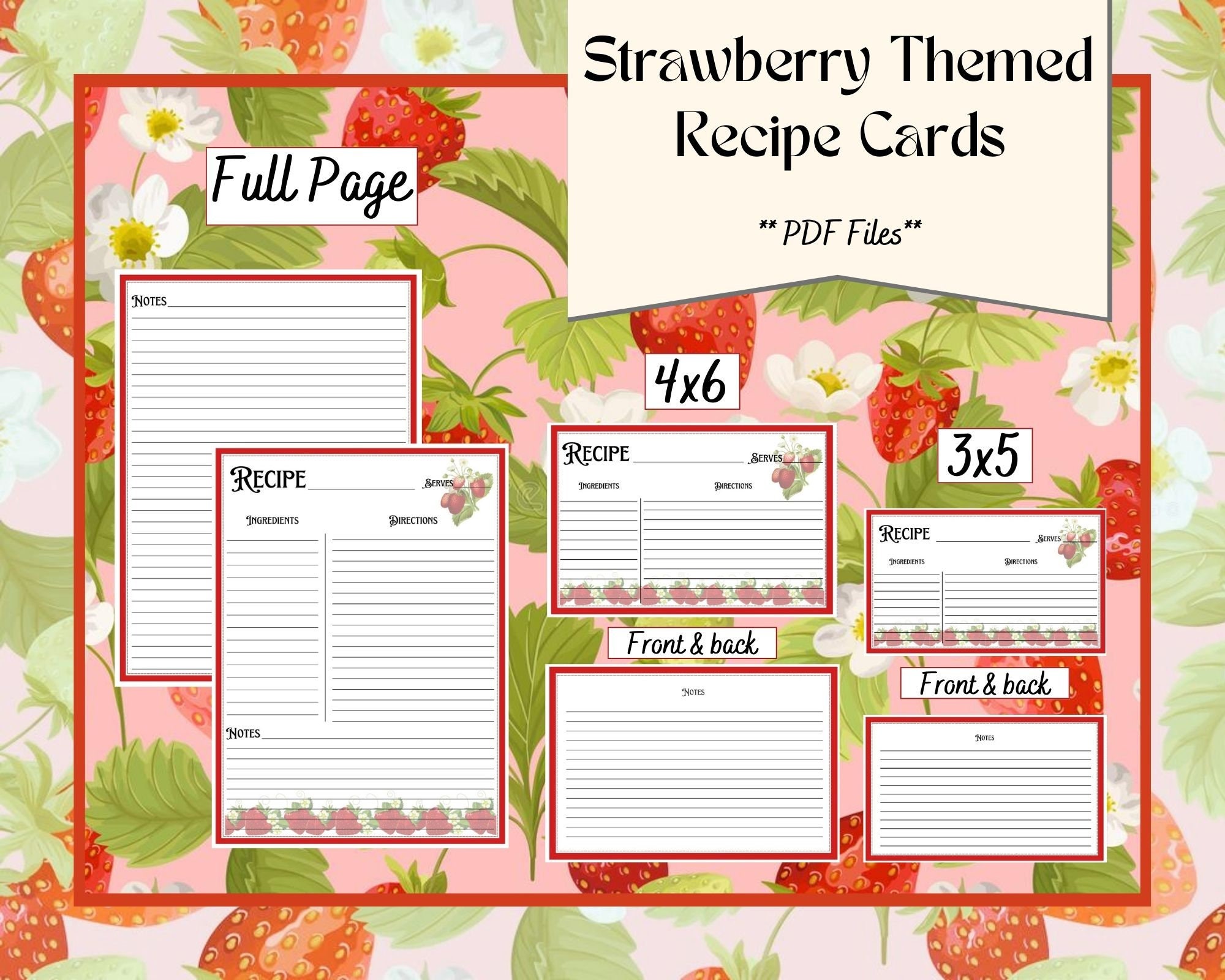 Strawberry Recipe Card Dividers 4x6 or 3x5 for Recipe 