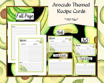 Avocado Themed Blank Recipe Card Bundle | 3 Sizes | Full Page, 4x6, 3x5 | PDF only