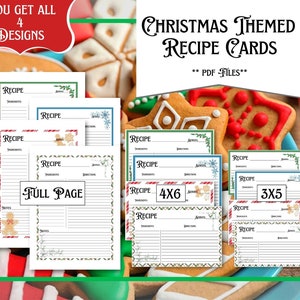 Christmas Recipe Cards Blank | 3 Sizes | Full Page, 4x6, 3x5 | PDF only