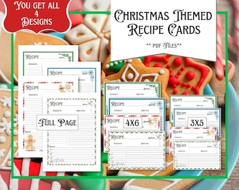 Christmas Recipe Cards Blank | 3 Sizes | Full Page, 4x6, 3x5 | PDF only