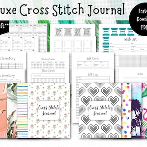 May include: A digital printable cross stitch journal with a variety of pages for tracking floss, fabric, projects, and wish lists. The journal includes several cover options with different patterns and colors, including floral, geometric, and watercolor designs.