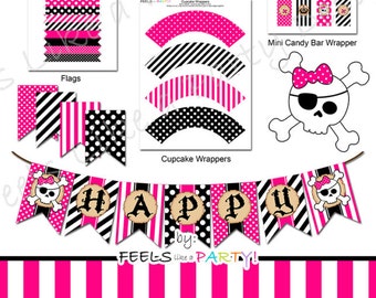 May include: Printable pirate party pack with pink and black color scheme. Includes cupcake wrappers, toppers, food cards, water bottle wrappers, thank you tags, flags, and a banner that says "Happy".