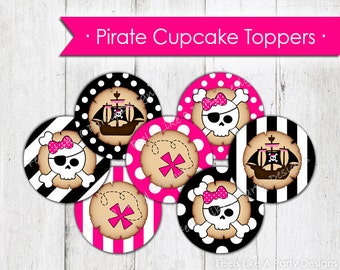 Pink Pirate Cupcake Toppers - Instant Download, Pink Pirate Party Favor, Pink Pirate Party, Pink Pirate Birthday Party, Girl Pirate Toppers
