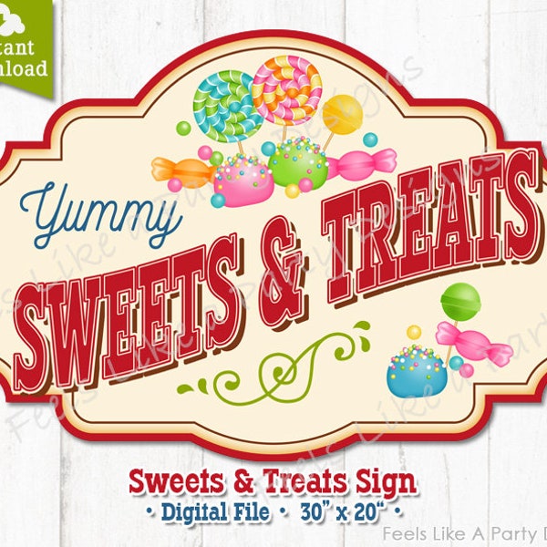 Vintage Red, Yellow and Blue Sweets and Treats Sign - DIY Printable Sign, Sweets Table Sign, Carnival Booth Sign, Treat Banner