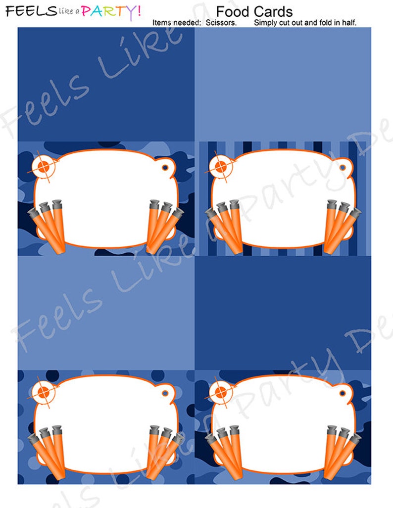 Blue Camo Dart Gun Food Cards Instant Download