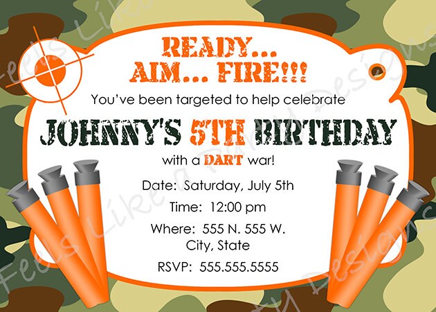 Custom Dart Gun and Camouflage Birthday Invitation