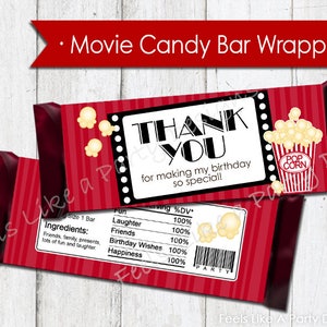 Movie Night Candy Bar Wrapper - Instant Download, Movie Party Favor, Movie Party Wrappers, Movie Party Treats, Movie Candy Bar