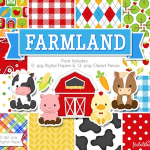 Farmland Digital Paper and Clip Art, Farm Animal Digital Scrapbook Paper, Barnyard Digital Paper Pack, Farm Scrapbook Paper