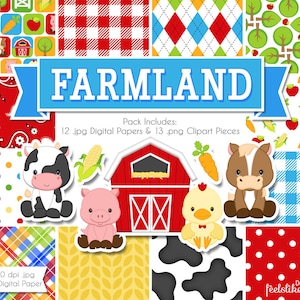Pode incluir: Um pacote de papel digital com tema de fazenda. O pacote inclui 12 papéis digitais e 13 peças de clipart. Os papéis apresentam vários padrões com tema de fazenda, incluindo xadrez vermelho e branco, xadrez azul e branco, bolinhas vermelhas e brancas e estampa de vaca. As peças de clipart incluem uma vaca, um porco, uma galinha, um cavalo, um celeiro, milho, cenouras e maçãs.