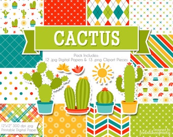 May include: A digital paper pack with a cactus theme. The pack includes 12 digital papers and 13 clipart pieces. The papers feature various patterns, including polka dots, stripes, plaid, and chevron. The clipart pieces include cacti, flowers, and suns.