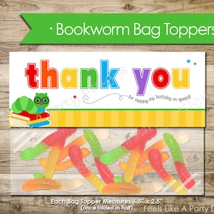 Boy Bookworm Thank You Bag Topper- Instant Download, Bookworm Party Favor, Bookworm Treat Bag, Bookworm Topper