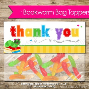Girl Bookworm Thank You Bag Topper- Instant Download, Bookworm Party Favor, Bookworm Favor, Bookworm Thank You Tag, Bookworm Printable