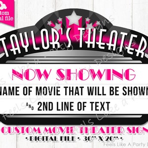 Custom Pink Movie Theater Sign - DIY Printable Sign, Movie Party, Movie Banner, Movie Night, Cinema Sign, Cinema Banner