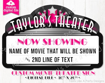 Custom Pink Movie Theater Sign - DIY Printable Sign, Movie Party, Movie Banner, Movie Night, Cinema Sign, Cinema Banner