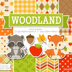 Carta digitale Woodland e Clip Art, cadere Pack di animali, carta Scrapbook digitale, carta digitale, carta Scrapbook caduta
