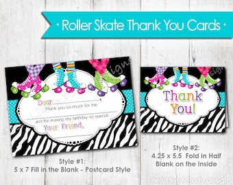Roller Skating Thank You Cards- Instant Download, Roller Skate Party, Roller Skate Thank You, Roller Rink Party, Neon Roller Skate Party