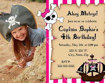 Custom Pink Pirate Birthday Invitation with Photo