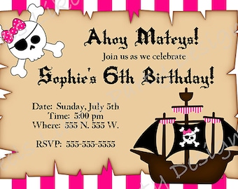 Pink Pirate Custom Birthday Invitation