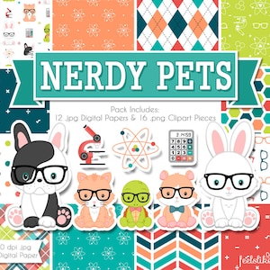 Nerdy Pets Digital Paper and Clip Art, Nerdy Pet Digital Scrapbook Paper, Science Digital Paper Pack, Math Scrapbook Paper