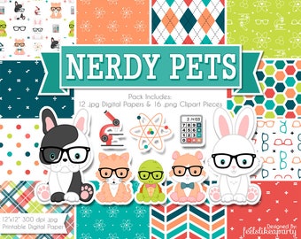 Może przedstawiać: Pakiet papieru cyfrowego zatytułowany "Nerdy Pets" z różnymi wzorami i clipartami. Pakiet zawiera obrazy zwierząt w okularach, takich jak pies, kot, żółw i królik. Paleta kolorów obejmuje turkusowy, pomarańczowy i biały.