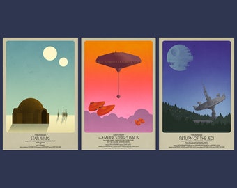 May include: Three minimalist movie posters for the Star Wars trilogy. The first poster is blue and features a tan dome-shaped building. The second poster is orange and features a large, dark gray spaceship. The third poster is purple and features a large, round, gray space station.