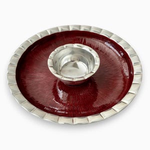 Simply Designz Chip and Dip Platter Ruby Red Enamel Silver Aluminum Serving Tray Removable Bowl 14.5 Inch,  Metal Serveware, Party Tray