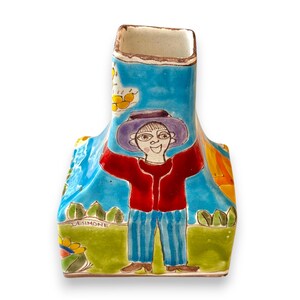 Vintage DeSimone Italian Pottery Vase, Hand Painted Folk Art Figure, Colorful Ceramic Art Vase Signed Italy
