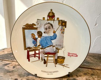 Plato decorativo grande de colección vintage de Norman Rockwell, "Plato de triple autorretrato", edición limitada de Gorham, plato de pared.