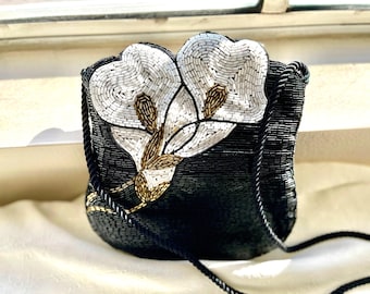 Beaded Evening Bag, Vintage Christian Livingston Dress Handbag, Beaded Purse in Black and White Design with shoulder strap, dressy bag