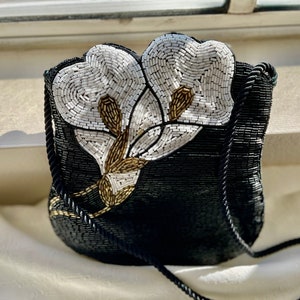 Evening Bag, Vintage Christian Livingston Dress Handbag, Beaded Purse in Black and White Design with shoulder strap, dressy bag