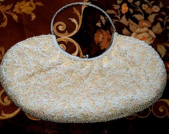 Beaded Sequin Evening Bag-Vintage Pearlized Handmade  with Rhinestones