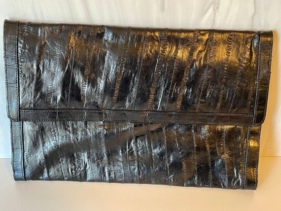 Lee Sands Eel Skin Purse Bag Black Adjustable Shoulder Strap Pockets Korea  Vtg