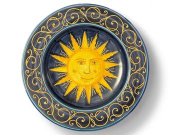 Smiling Sun Ceramic Plate, Italian Pottery, Italian Ceramic Display Wall Plate, Sun Wall Art, Hand painted Ceramic Home Decor Mediterranean