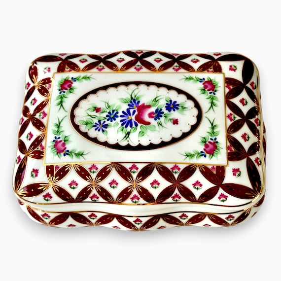 Vintage Porcelain Jewelry Box Gold Trim Large Trinket Keepsake Box, Decorative Ceramic Floral Trinket Box, Decorative Pottery Ceramics