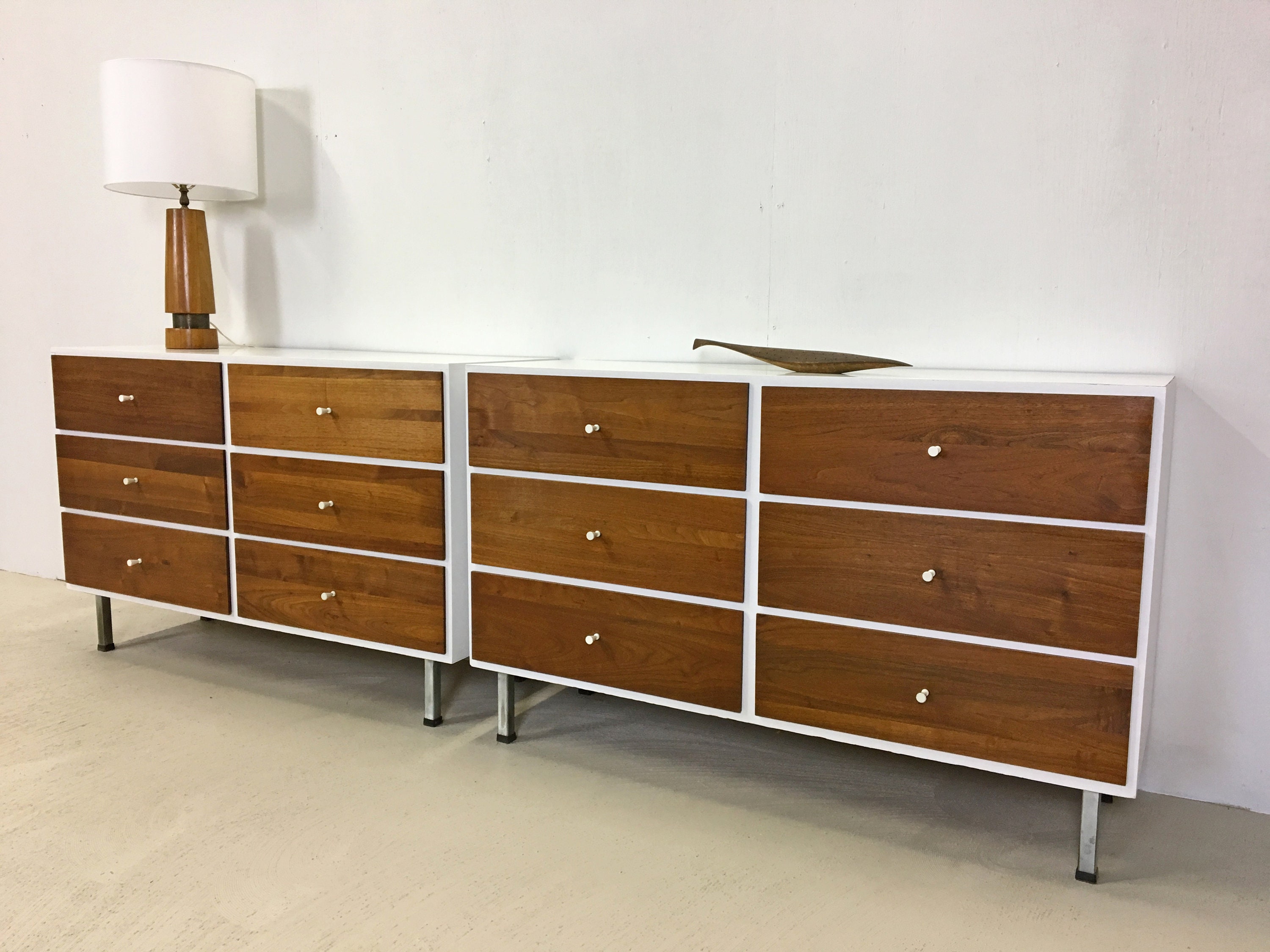 Pair Of Mid Century Modern Walnut Dressers With White Laminate Etsy