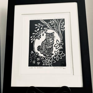 Original Cat handmade Linocut Print, Original Limited Hand-pressed Folk art &quot;Under the Buckthorn&quot; - 8”x10”