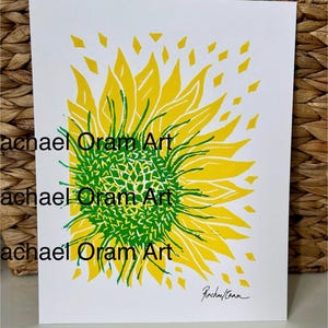 Stampa a blocchi, Girasole, Giallo e Verde, Pop Art, Originale, Stampa Linoleografica a Mano, Edizione Limitata. Verticale 20x25 cm. Senza cornice.