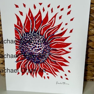 Stampa a blocchi, Girasole Rosso e Blu, Pop Art, Originale, Stampa Linoleografica a Mano, Edizione Limitata. Verticale 20x25 cm. Senza cornice.