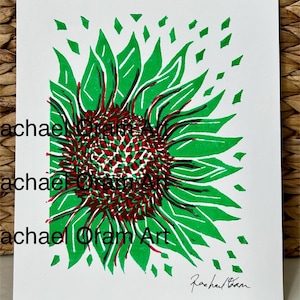 Stampa a blocchi, Girasole, Verde e Rosso, Pop Art, Originale, Stampa Linoleografica a Mano, Edizione Limitata. Verticale 20x25 cm. Senza cornice.