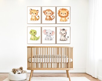 Decorazioni murali a tema giungla (set di 6), set di stampe di animali della savana, stampe per la cameretta a tema giungla, leone, zebra, scimmia, ghepardo, alligatore