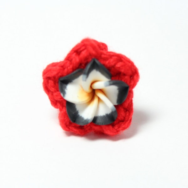 Red and black plumeria ring. Crochet flower ring.