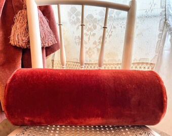 Vintage French Hard Burnt Orange Velvet Back Neck Roll Pillow Pillows Bed Chair Sofa circa 1940-50's / EVE