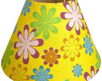 Vintage French Flower Power Yellow Lampshade Desk Bedside Lamp Shade Plastic Backed Material Design circa 1970-80's / EVE